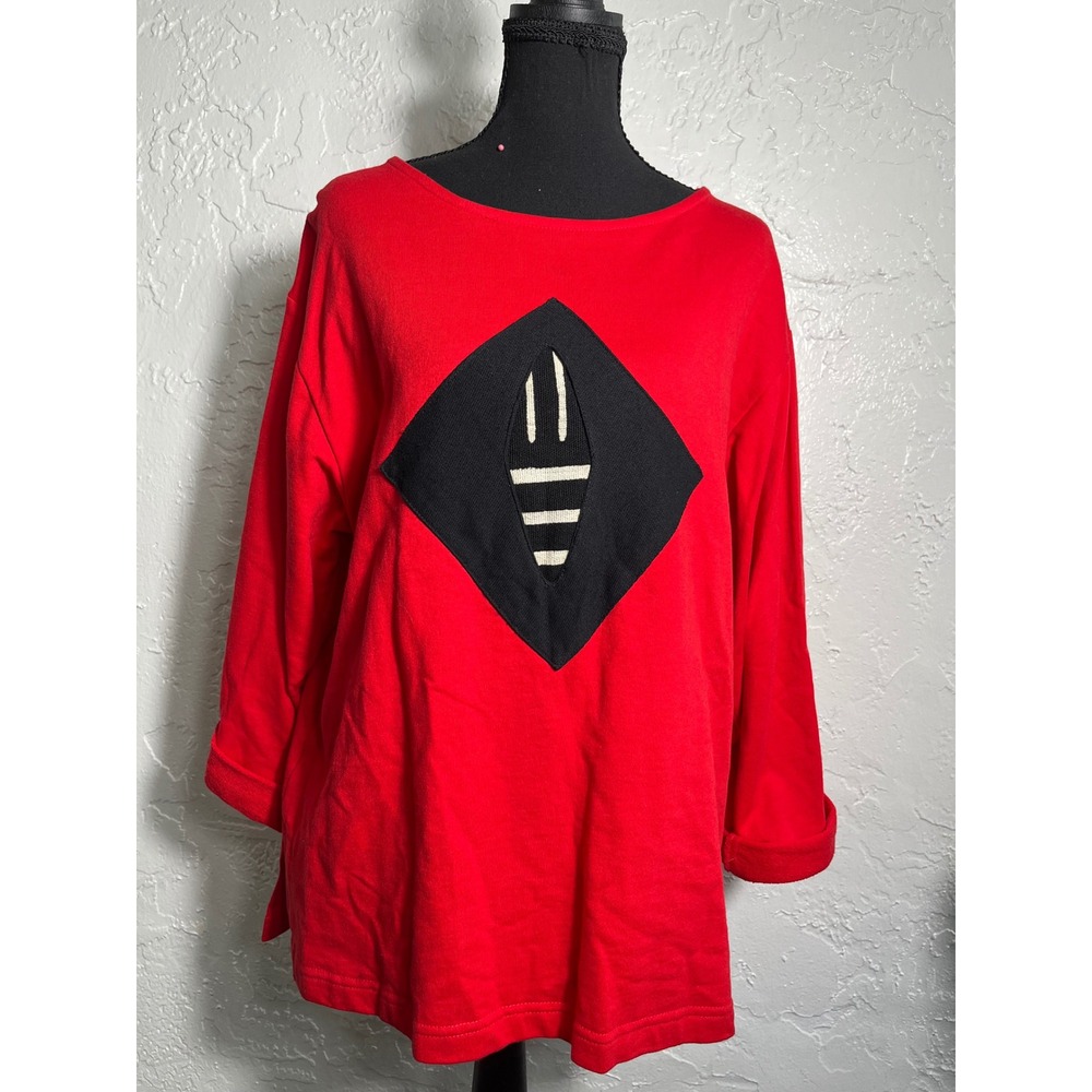 My Tribe Red Art to Wear Tunic Top Geometric Applique Oversized Lagenlook